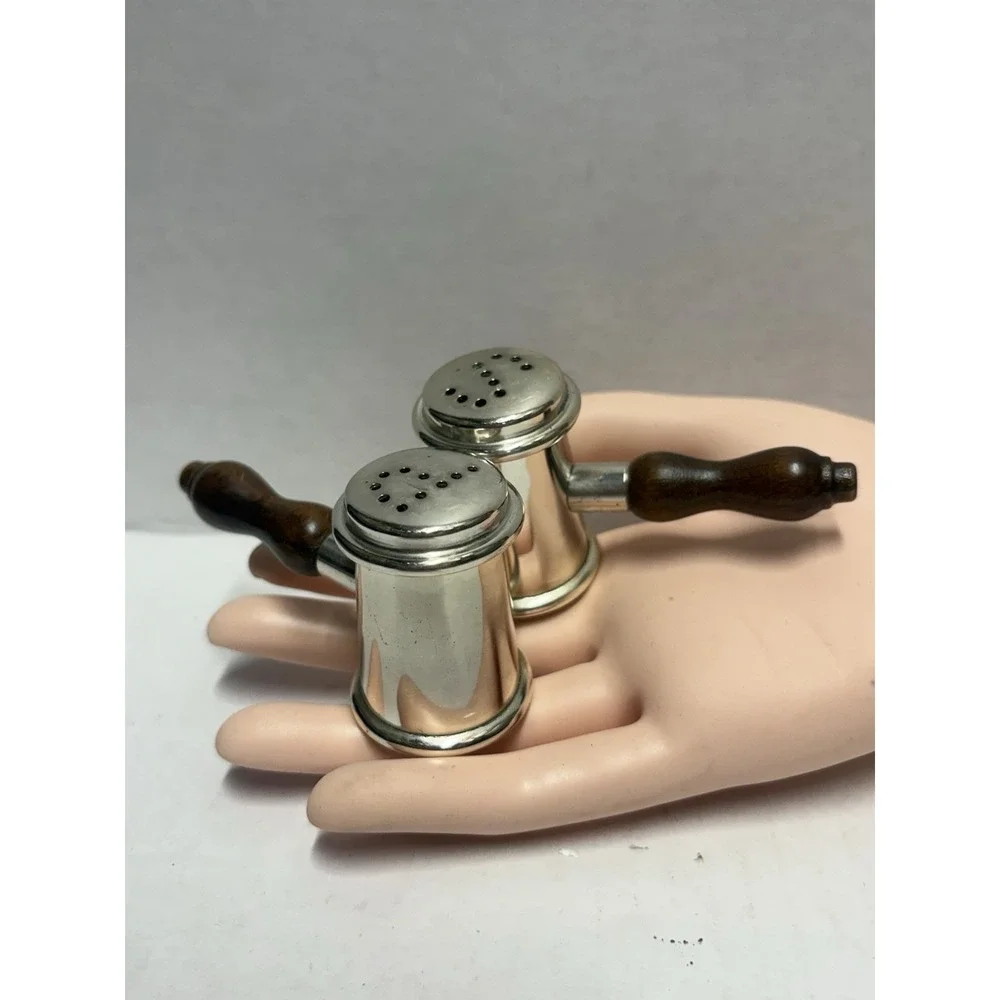 Silver plated Salt & Pepper Shaker‎ Hammer shape small vintage wood handles